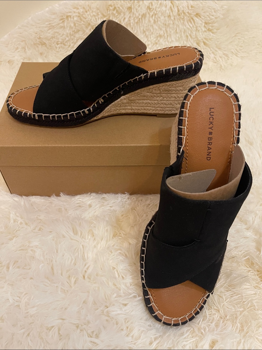 Lucky Brand Black Espadrille Wedge Slides with Tan Insole Woman’s Size 10